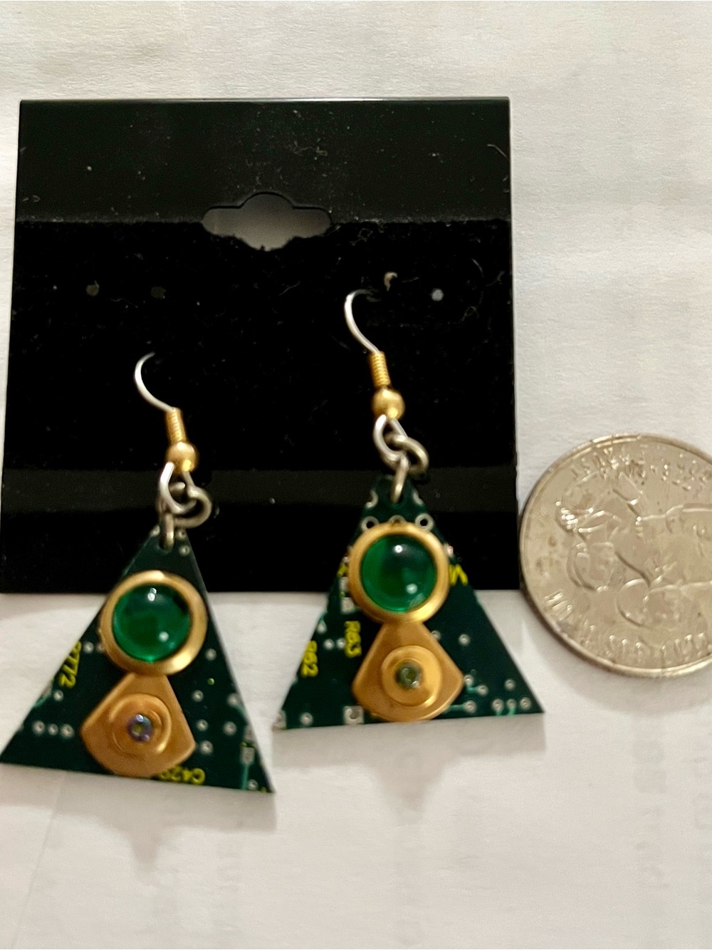 Handmade Green and Gold Triangle Circuit Board Earrings